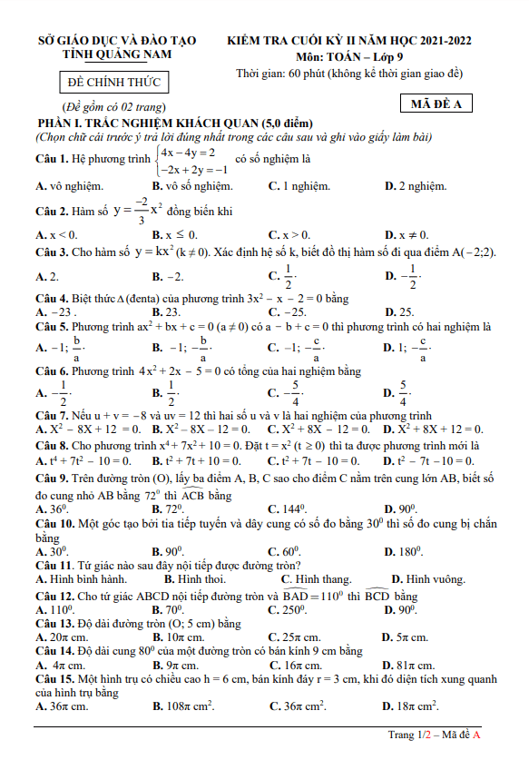 Đề kiểm tra cuối học kì 2 (HK2) lớp 9 môn Toán năm 2021 2022 sở GD ĐT Quảng Nam