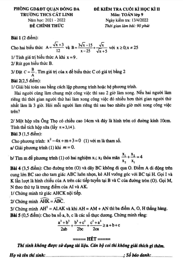 Đề kiểm tra cuối học kì 2 (HK2) lớp 9 môn Toán năm 2021 2022 trường THCS Cát Linh Hà Nội