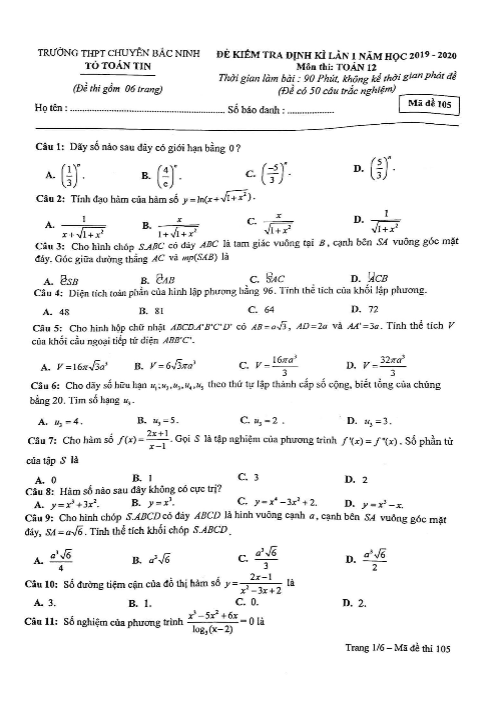 Đề kiểm tra định kì lần 1 lớp 12 môn Toán năm 2019 2020 trường chuyên Bắc Ninh