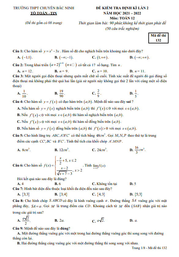 Đề kiểm tra định kì lần 2 lớp 12 môn Toán năm 2021 2022 trường THPT chuyên Bắc Ninh