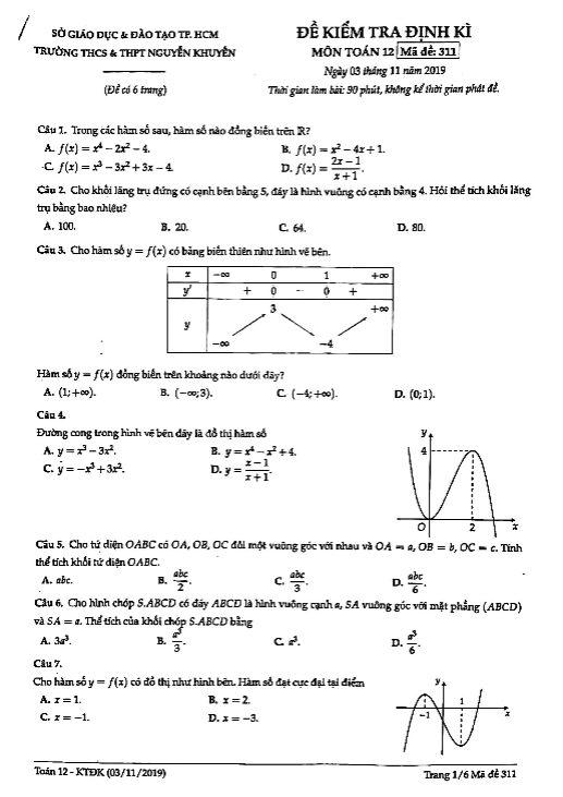 Đề kiểm tra định kì lớp 12 môn Toán năm 2019 2020 trường Nguyễn Khuyến TP HCM (03/11/2019)