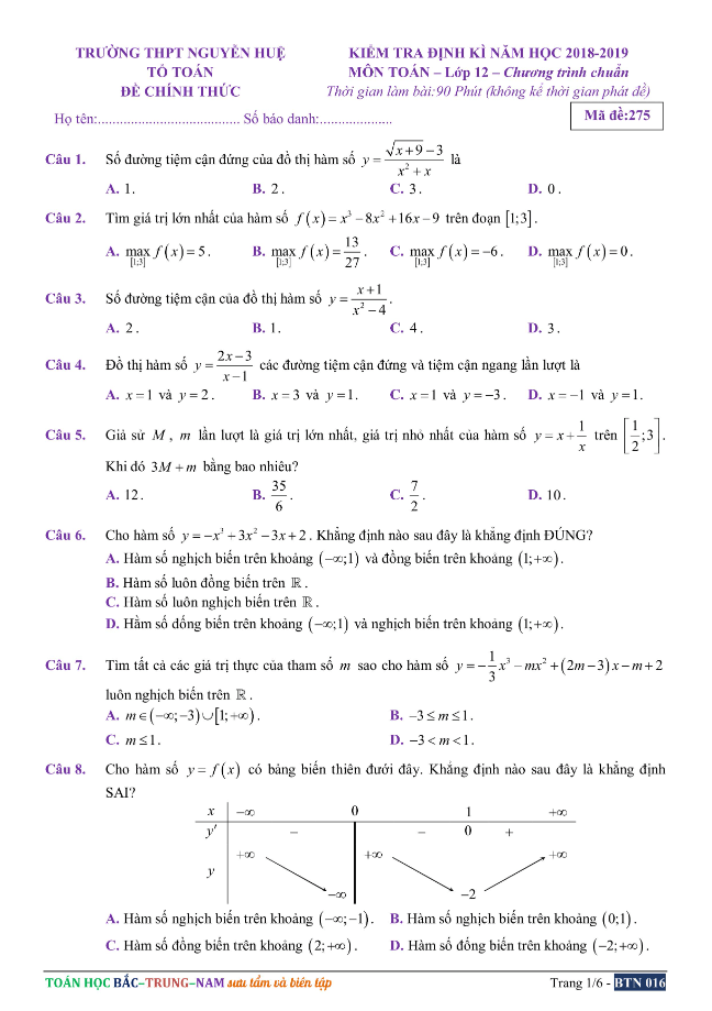 Đề kiểm tra định kì lớp 12 môn Toán năm học 2018 2019 trường THPT Nguyễn Huệ TT. Huế