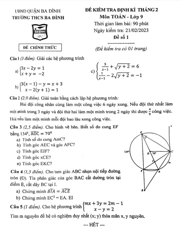 Đề kiểm tra định kì lớp 9 môn Toán tháng 2 năm 2023 trường THCS Ba Đình Hà Nội