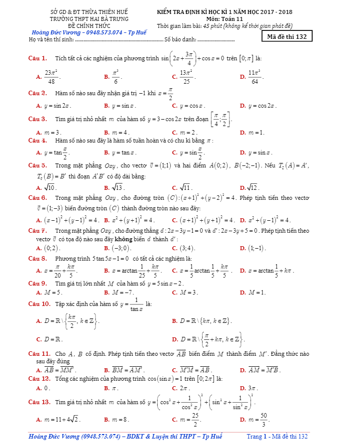 Đề kiểm tra định kỳ học kì 1 (HK1) năm học 2017 2018 lớp 11 môn Toán trường THPT Hai Bà Trưng TT. Huế