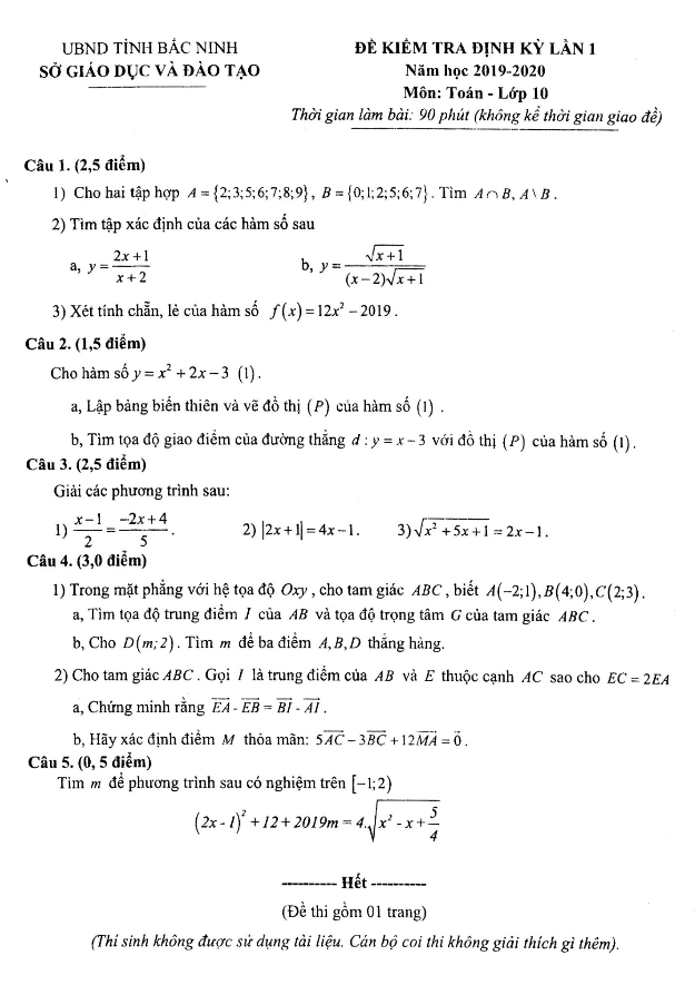 Đề kiểm tra định kỳ lần 1 lớp 10 môn Toán năm 2019 2020 sở GD ĐT Bắc Ninh