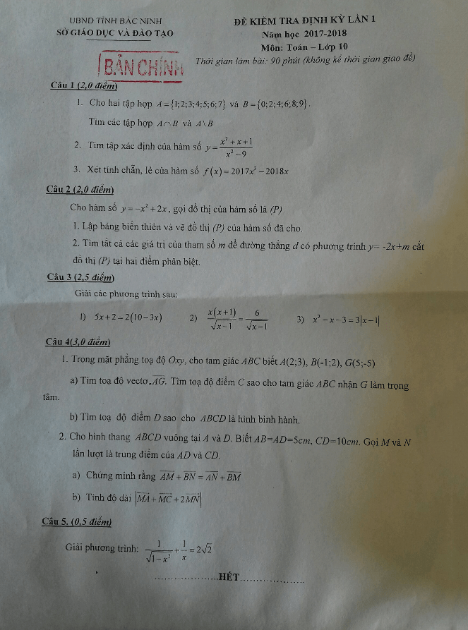 Đề kiểm tra định kỳ lần 1 lớp 10 môn Toán năm học 2017 2018 sở GD và ĐT Bắc Ninh