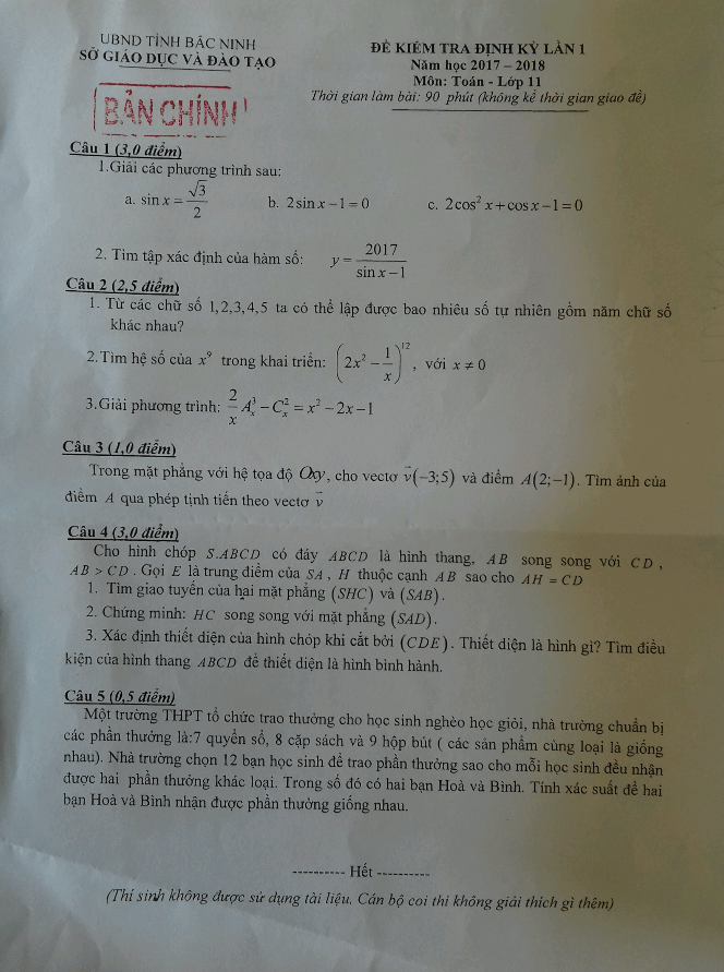 Đề kiểm tra định kỳ lần 1 lớp 11 môn Toán năm học 2017 2018 sở GD và ĐT Bắc Ninh