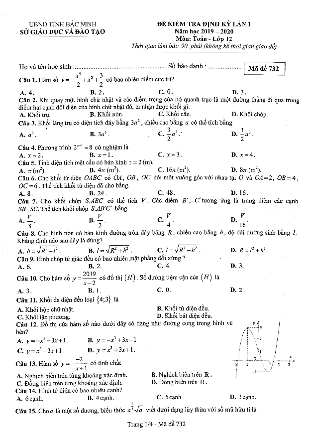 Đề kiểm tra định kỳ lần 1 lớp 12 môn Toán năm 2019 2020 sở GD ĐT Bắc Ninh