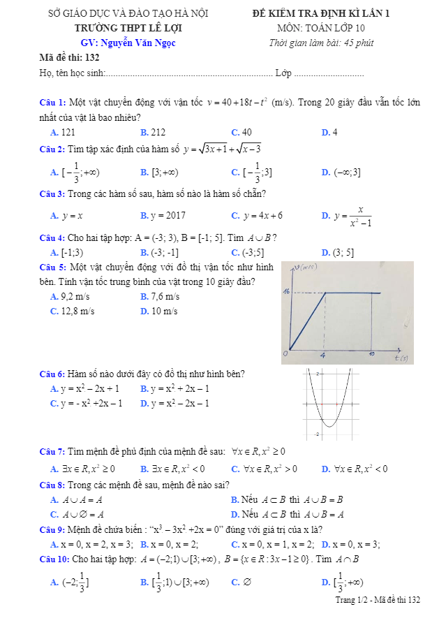 Đề kiểm tra định kỳ lần 1 môn Toán trường THPT Lê Lợi Hà Nội