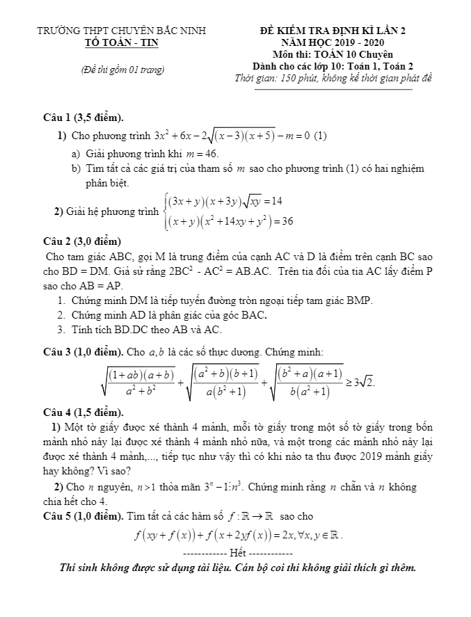 Đề kiểm tra định kỳ lần 2 lớp 10 môn Toán năm 2019 2020 trường chuyên Bắc Ninh