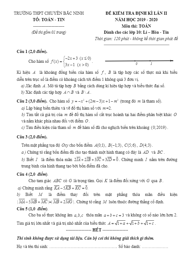Đề kiểm tra định kỳ lần 2 lớp 10 môn Toán năm 2019 2020 trường THPT chuyên Bắc Ninh