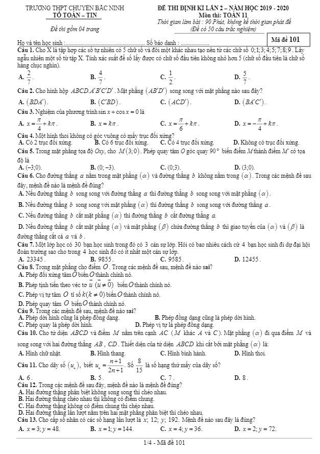 Đề kiểm tra định kỳ lần 2 lớp 11 môn Toán năm 2019 2020 trường chuyên Bắc Ninh