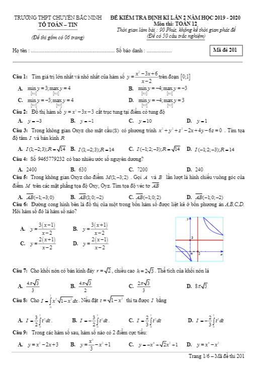 Đề kiểm tra định kỳ lần 2 lớp 12 môn Toán năm 2019 2020 trường chuyên Bắc Ninh