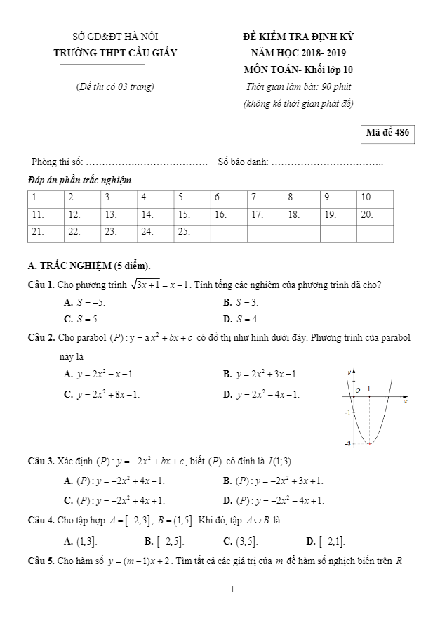 Đề kiểm tra định kỳ lớp 10 môn Toán năm học 2018 2019 trường THPT Cầu Giấy Hà Nội