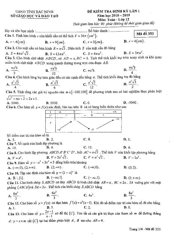Đề kiểm tra định kỳ lớp 12 môn Toán lần 1 năm 2018 2019 sở GD và ĐT Bắc Ninh