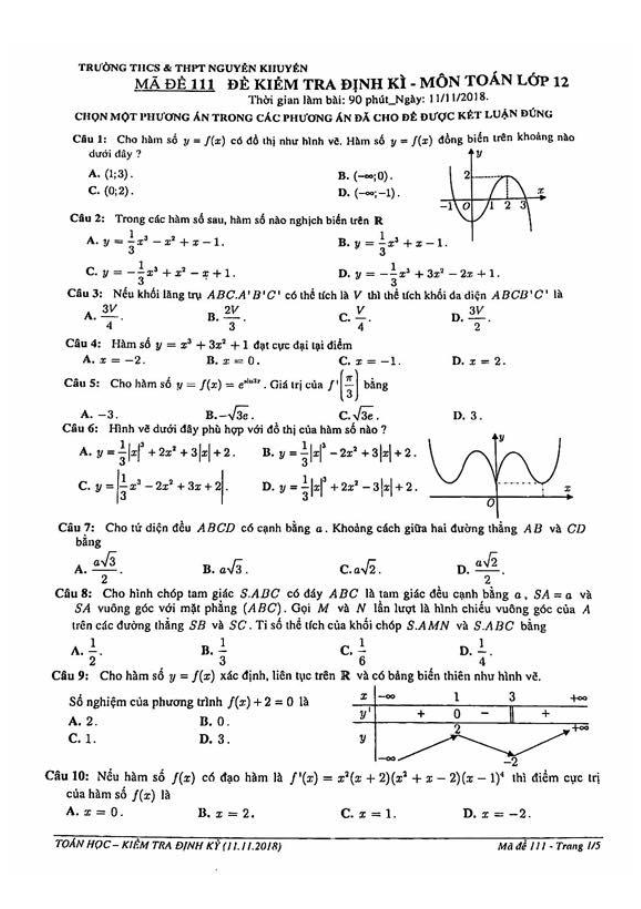 Đề kiểm tra định kỳ lớp 12 môn Toán năm 2018 2019 trường THCS THPT Nguyễn Khuyến TP. HCM