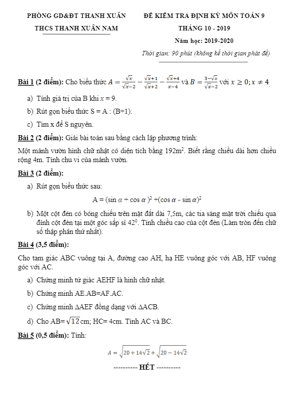 Đề kiểm tra định kỳ lớp 9 môn Toán tháng 10/2019 trường Thanh Xuân Nam Hà Nội