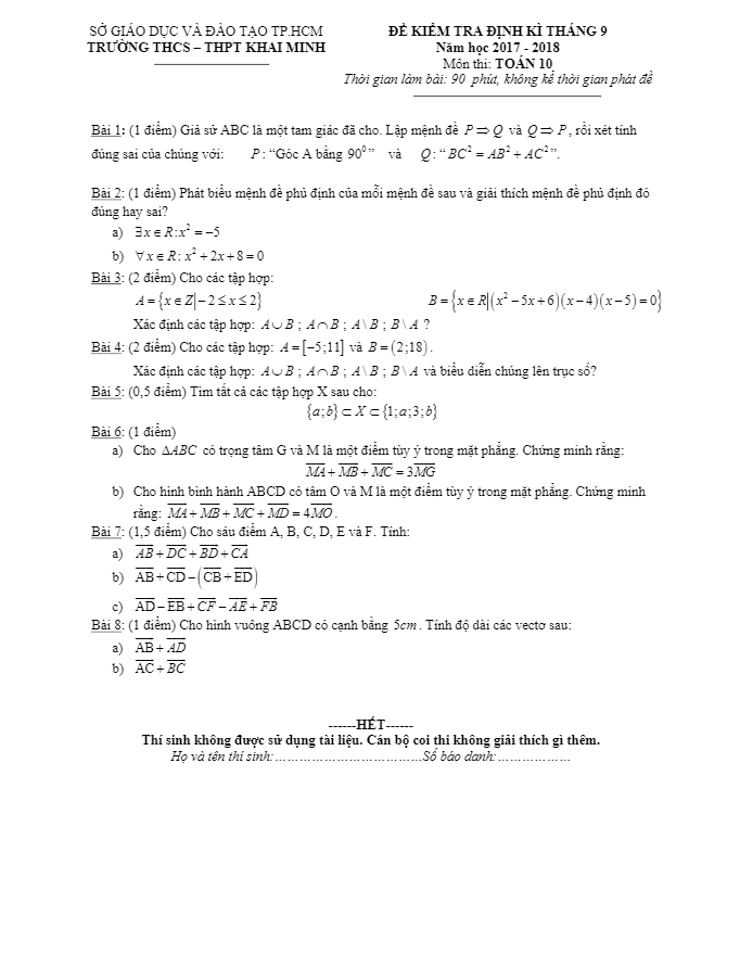 Đề kiểm tra định kỳ tháng 9 năm học 2017 2018 lớp 10 môn Toán trường THCS THPT Khai Minh TP. HCM