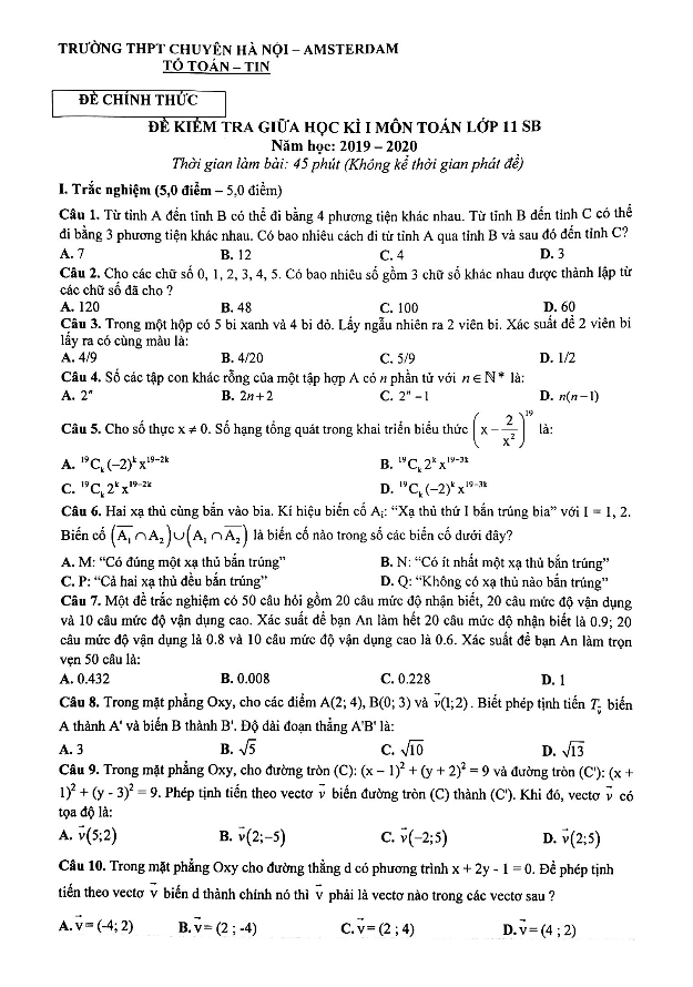 Đề kiểm tra giữa HKI lớp 11 môn Toán năm 2019 2020 trường chuyên Hà Nội Amsterdam