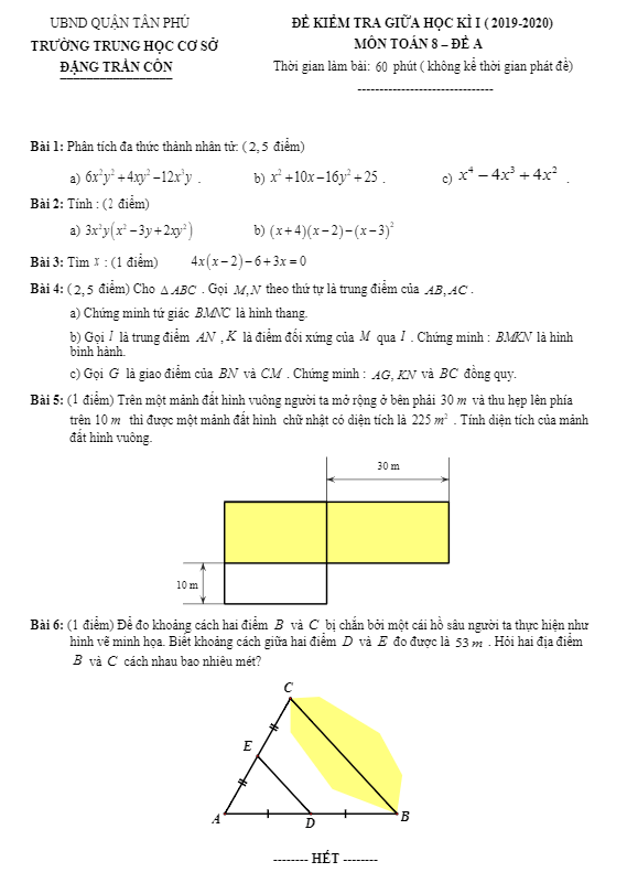 Đề kiểm tra giữa HKI lớp 8 môn Toán năm 2019 2020 trường Đặng Trần Côn TP HCM