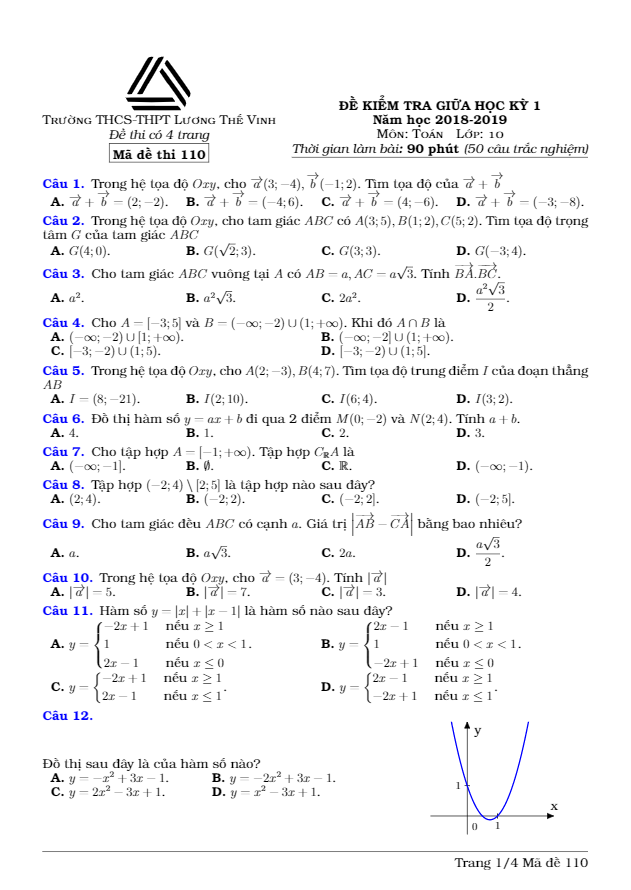 Đề kiểm tra giữa học kì 1 (HK1) lớp 10 môn Toán năm 2018 2019 trường Lương Thế Vinh Hà Nội
