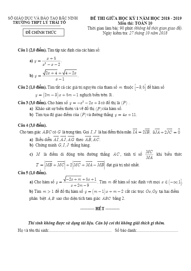 Đề kiểm tra giữa học kì 1 (HK1) lớp 10 môn Toán năm 2018 2019 trường Lý Thái Tổ Bắc Ninh