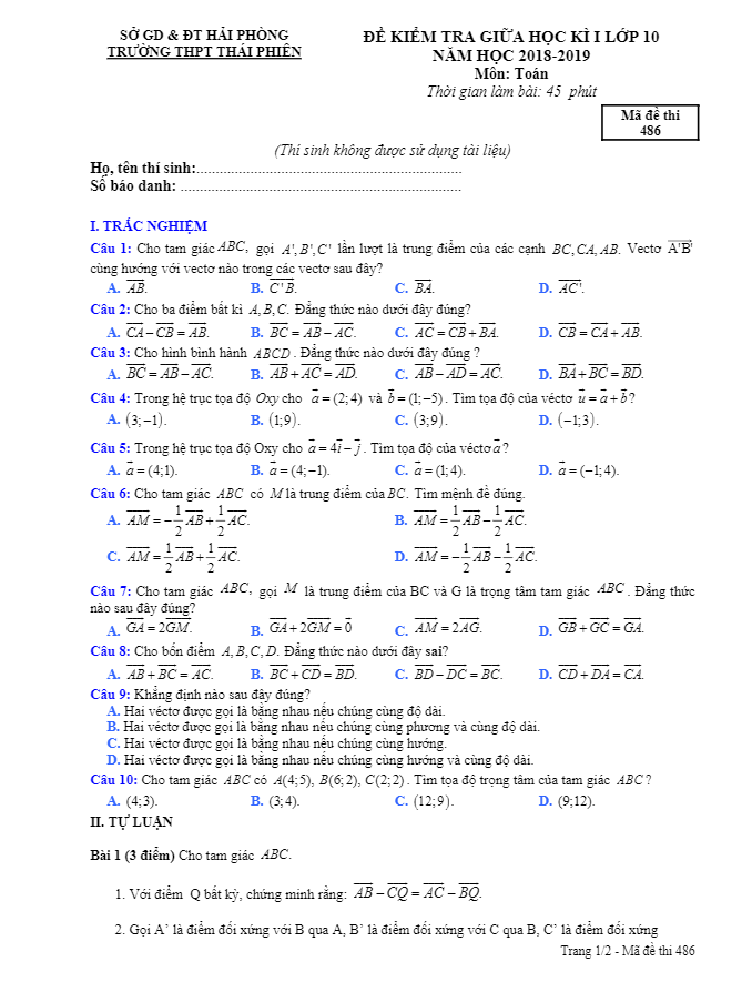 Đề kiểm tra giữa học kì 1 (HK1) lớp 10 môn Toán năm 2018 2019 trường THPT Thái Phiên Hải Phòng