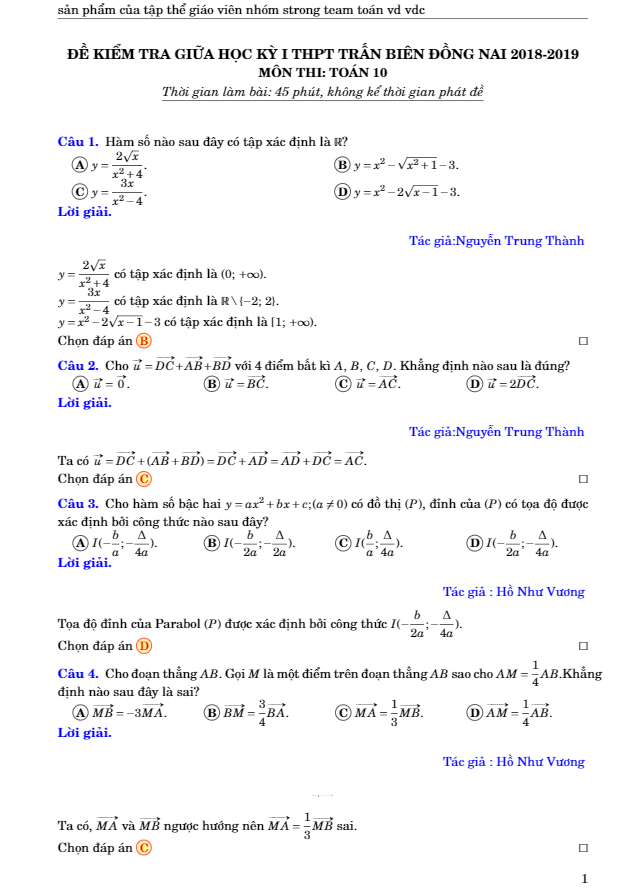Đề kiểm tra giữa học kì 1 (HK1) lớp 10 môn Toán năm 2018 2019 trường THPT Trấn Biên Đồng Nai