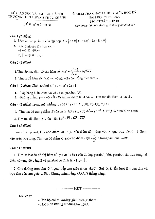 Đề kiểm tra giữa học kì 1 (HK1) lớp 10 môn Toán năm 2019 2020 trường Huỳnh Thúc Kháng Hà Nội