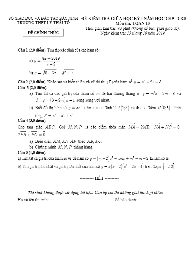 Đề kiểm tra giữa học kì 1 (HK1) lớp 10 môn Toán năm 2019 2020 trường Lý Thái Tổ Bắc Ninh