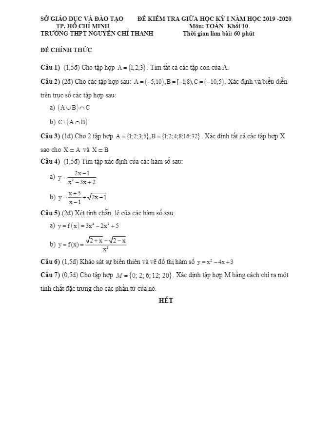 Đề kiểm tra giữa học kì 1 (HK1) lớp 10 môn Toán năm 2019 2020 trường Nguyễn Chí Thanh TP HCM