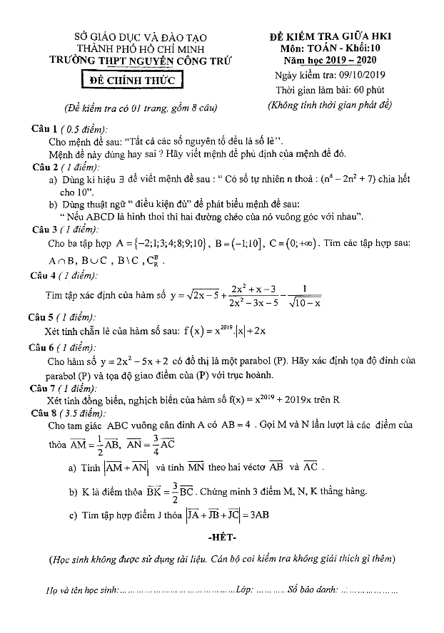 Đề kiểm tra giữa học kì 1 (HK1) lớp 10 môn Toán năm 2019 2020 trường Nguyễn Công Trứ TP HCM