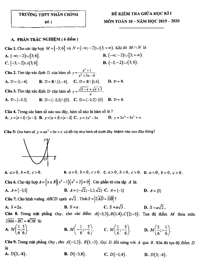 Đề kiểm tra giữa học kì 1 (HK1) lớp 10 môn Toán năm 2019 2020 trường Nhân Chính Hà Nội