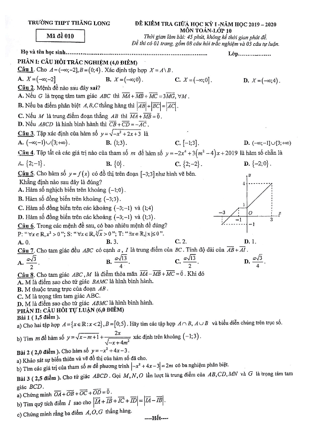 Đề kiểm tra giữa học kì 1 (HK1) lớp 10 môn Toán năm 2019 2020 trường Thăng Long Hà Nội