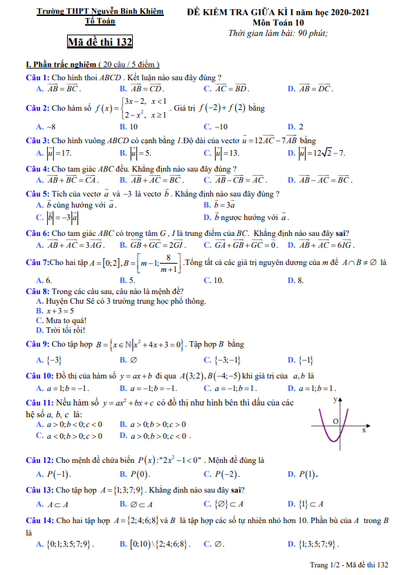 Đề kiểm tra giữa học kì 1 (HK1) lớp 10 môn Toán năm 2020 2021 trường Nguyễn Bỉnh Khiêm Gia Lai