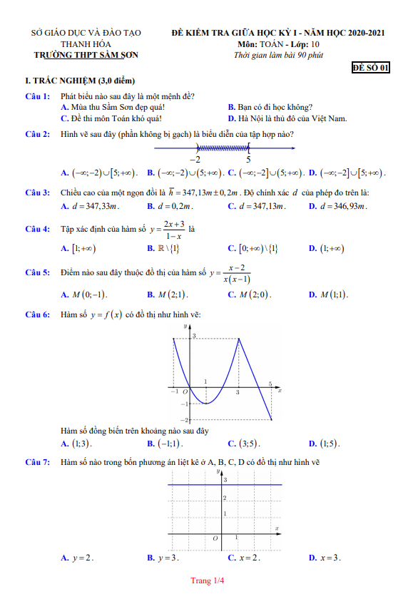 Đề kiểm tra giữa học kì 1 (HK1) lớp 10 môn Toán năm 2020 2021 trường THPT Sầm Sơn Thanh Hóa
