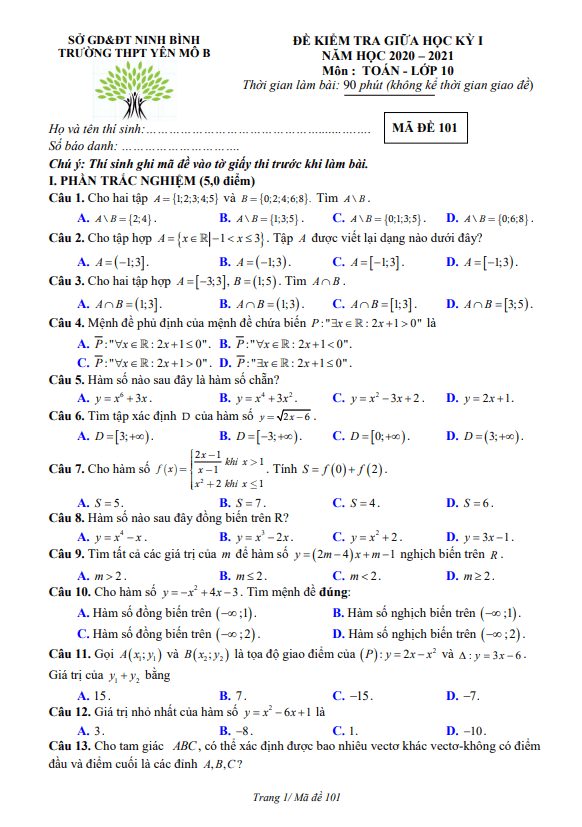 Đề kiểm tra giữa học kì 1 (HK1) lớp 10 môn Toán năm 2020 2021 trường THPT Yên Mô B Ninh Bình