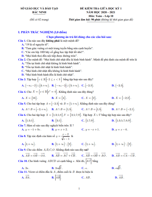 Đề kiểm tra giữa học kì 1 (HK1) lớp 10 môn Toán năm 2020 – 2021 sở GD ĐT Bắc Ninh