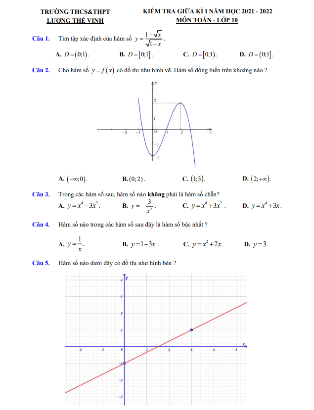 Đề kiểm tra giữa học kì 1 (HK1) lớp 10 môn Toán năm 2021 2022 trường Lương Thế Vinh Hà Nội