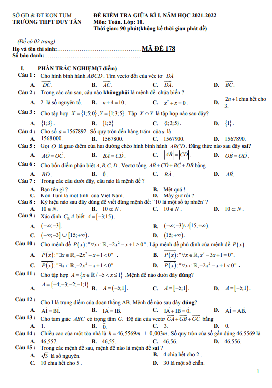 Đề kiểm tra giữa học kì 1 (HK1) lớp 10 môn Toán năm 2021 2022 trường THPT Duy Tân Kon Tum