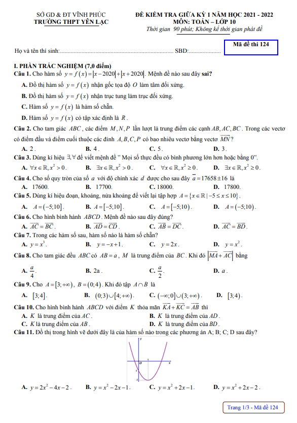 Đề kiểm tra giữa học kì 1 (HK1) lớp 10 môn Toán năm 2021 2022 trường THPT Yên Lạc Vĩnh Phúc