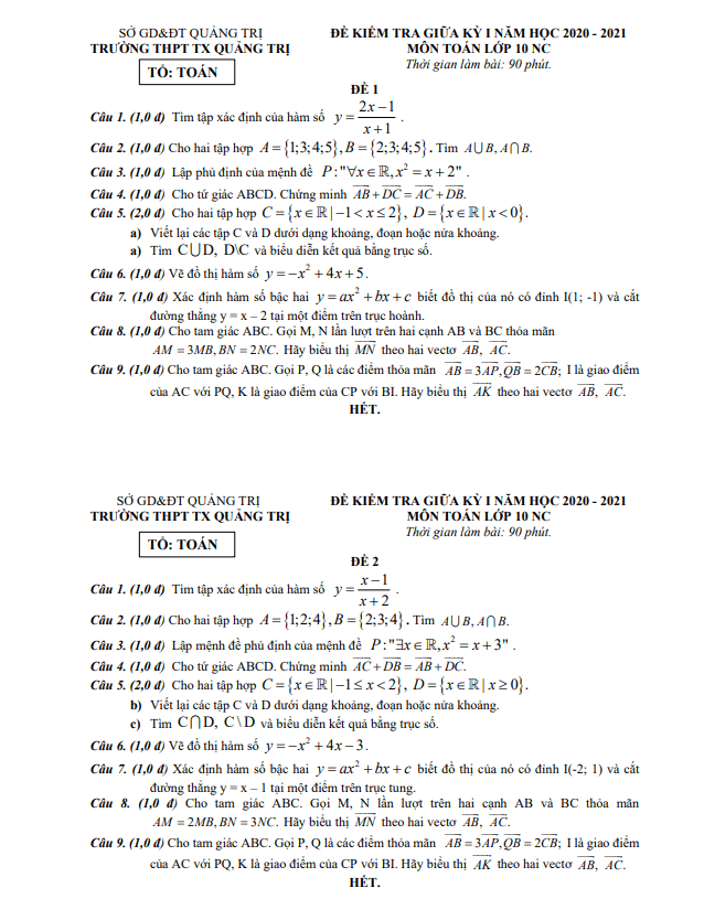 Đề kiểm tra giữa học kì 1 (HK1) lớp 10 môn Toán NC năm 2020 2021 trường THPT TX Quảng Trị