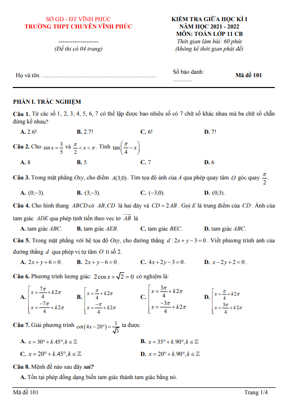 Đề kiểm tra giữa học kì 1 (HK1) lớp 11 môn Toán CB năm 2021 2022 trường THPT chuyên Vĩnh Phúc