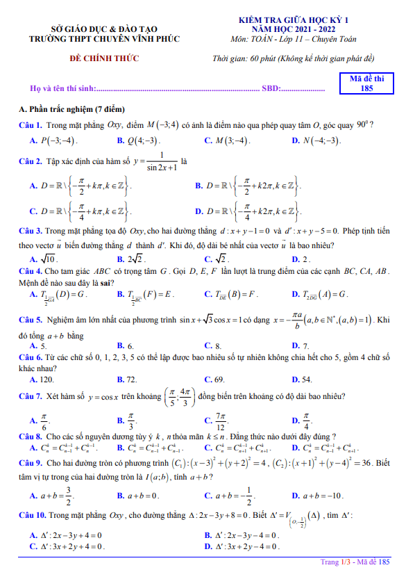 Đề kiểm tra giữa học kì 1 (HK1) lớp 11 môn Toán (chuyên) năm 2021 2022 trường THPT chuyên Vĩnh Phúc