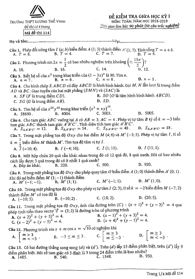 Đề kiểm tra giữa học kì 1 (HK1) lớp 11 môn Toán năm 2018 2019 trường THPT Lương Thế Vinh Hà Nội
