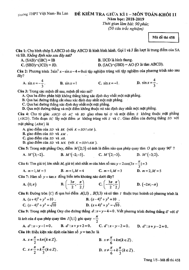 Đề kiểm tra giữa học kì 1 (HK1) lớp 11 môn Toán năm 2018 2019 trường THPT Việt Nam Ba Lan Hà Nội