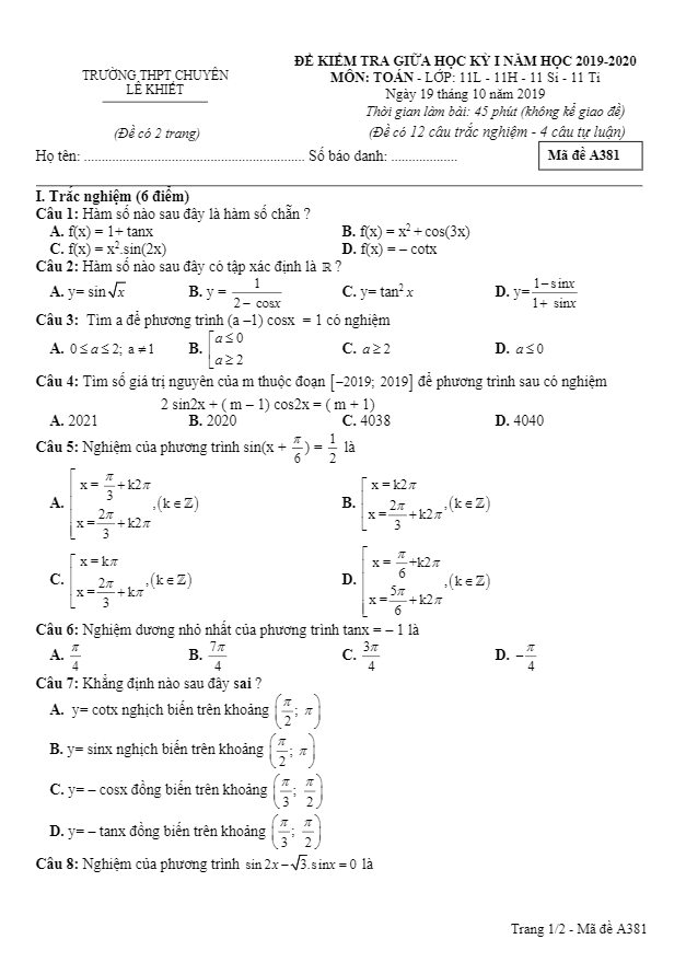 Đề kiểm tra giữa học kì 1 (HK1) lớp 11 môn Toán năm 2019 2020 trường chuyên Lê Khiết Quảng Ngãi