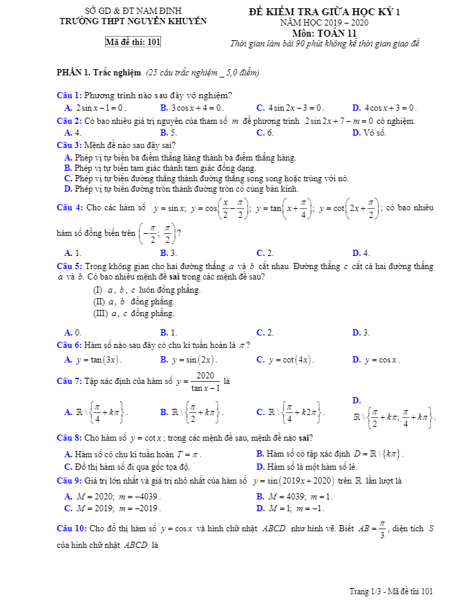 Đề kiểm tra giữa học kì 1 (HK1) lớp 11 môn Toán năm 2019 2020 trường Nguyễn Khuyến Nam Định