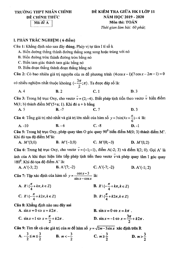 Đề kiểm tra giữa học kì 1 (HK1) lớp 11 môn Toán năm 2019 – 2020 trường Nhân Chính – Hà Nội