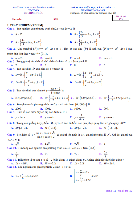 Đề kiểm tra giữa học kì 1 (HK1) lớp 11 môn Toán năm 2020 2021 trường Nguyễn Bỉnh Khiêm Gia Lai